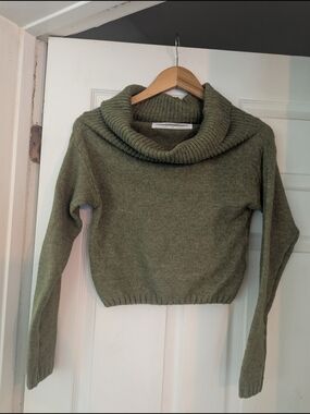 Olive Green Cowl-Neck Cropped Sweater - Womens